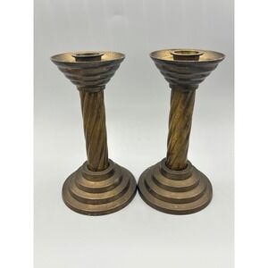 Vtg Brass Candlestick Holders Pair Twisted Swirl Column Stepped Base Decor